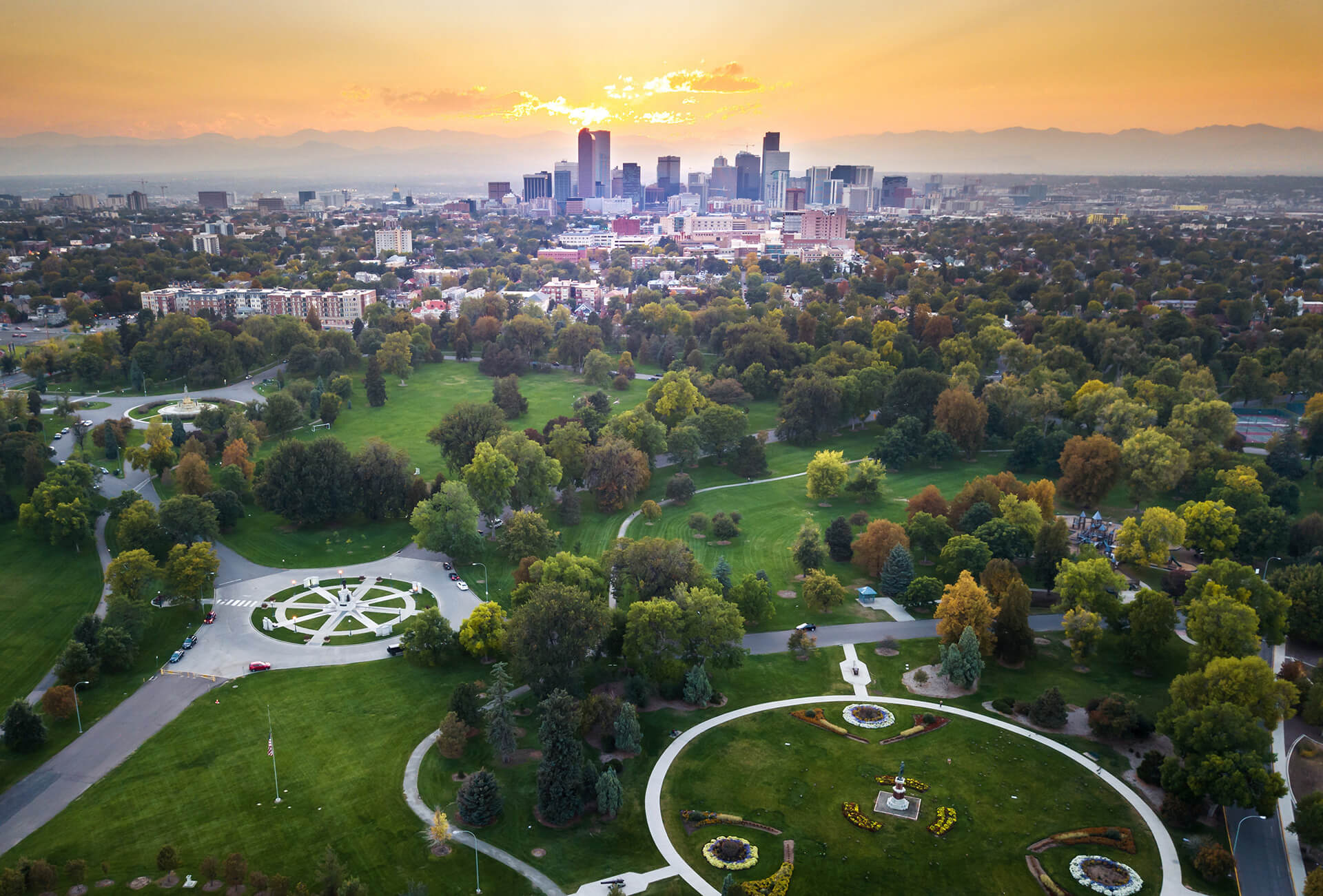 Aerial view of Denver from City Park at sunset
