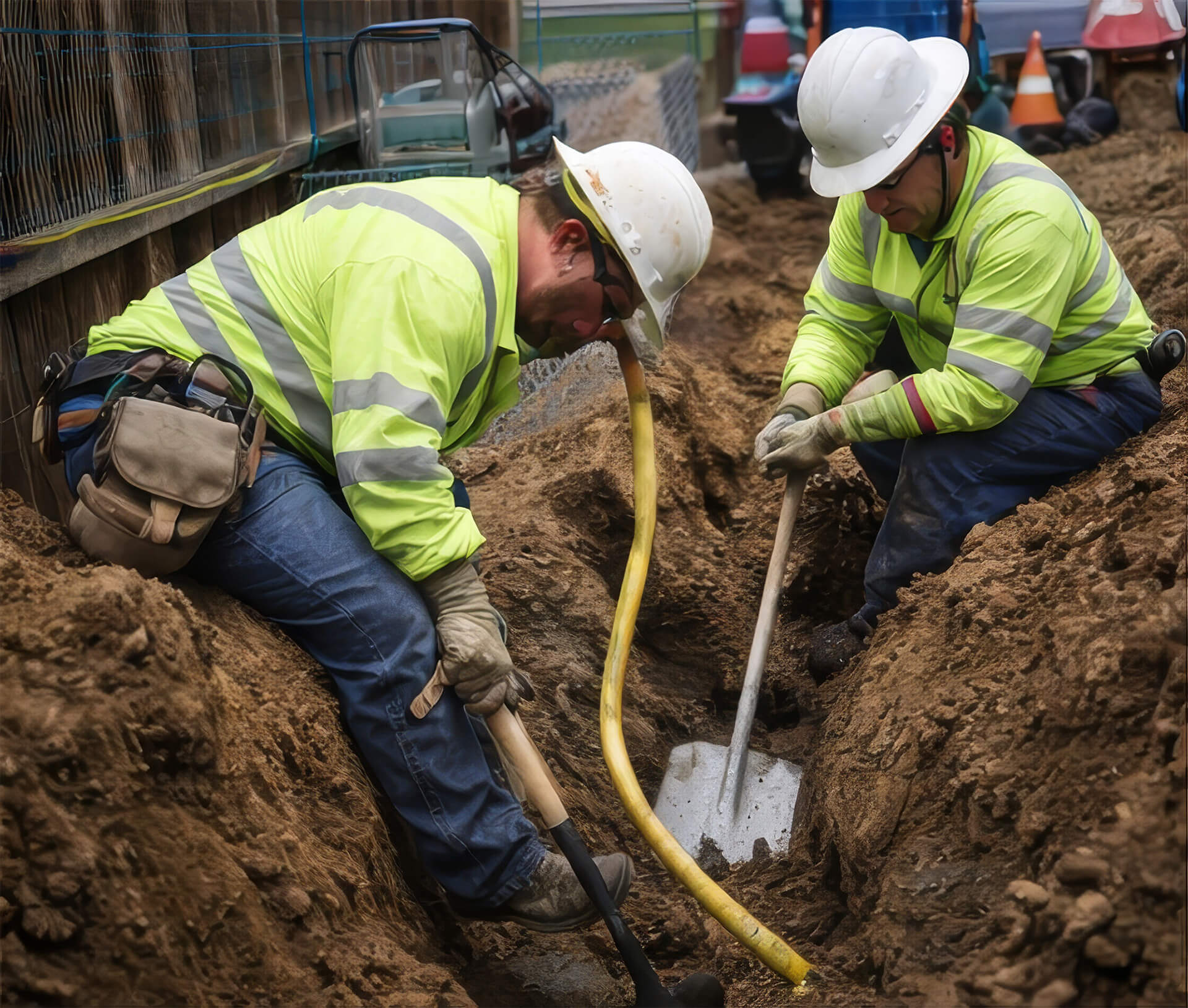 Crew burying overhead power lines underground
